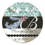 DIAMOND FEATHERS WHITE BLUE SILK DAMASK MONOGRAM ROUND STICKERS