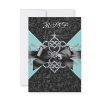 Diamonds Teal Blue Black Sweet 16 Birthday Party Announcements