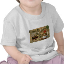 Different household objects arranged on table tee shirts