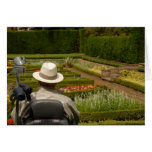 Disabled man in wheelchair in garden greeting card