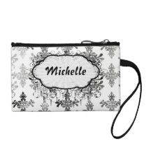 distressed black white intricate damask change purse