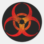 Distressed Red & Yellow Biohazard Symbol on Black Stickers