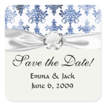 distressed white and royal blue damask pattern square sticker