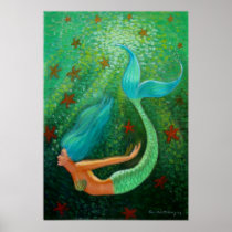 Diving Blue Hair Mermaid fantasy art Poster