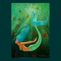 Diving Blue Hair Mermaid fantasy art Poster posters