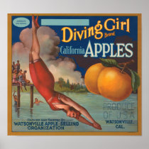 Diving Girl Brand California Apples Fruit Crate La Posters