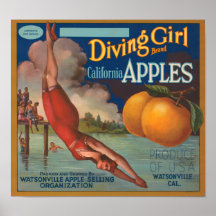 Diving Girl Brand California Apples Fruit Crate La Posters