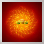 Diwali - Glowing Lamps on Mandala Background Print