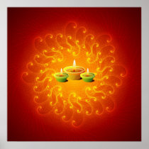Diwali - Glowing Lamps on Mandala Background Print