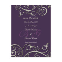 diy colour, save the date, monogram silver swirls