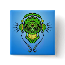 DJ Sugar Skull – Green and Blue Pinback Buttons