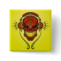 DJ Sugar Skull – Red and Yellow Pinback Buttons