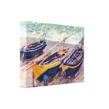 Dock of Etretat with three fishing boats by Monet Stretched Canvas Prints