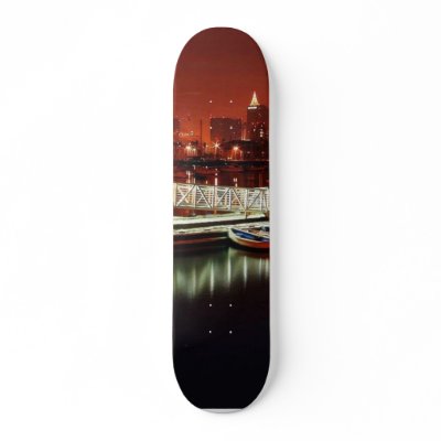 Docks Boats Night Skyline Skateboard Decks by lifesphere