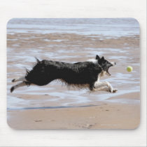Dog chasing a ball at the beach mouse pads