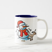 Dog Peeing on a Snowman Mugs