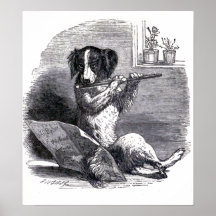 "Dog Playing the Flute" Vintage Illustration Poster