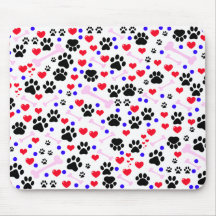 Dog Trails Paws Bones Dots Hearts Red Pink Blue Mouse Pad