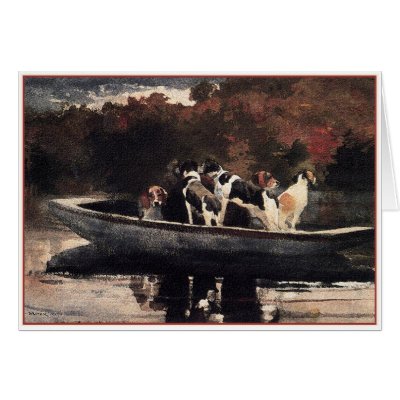 Dogs in a Boat  by Winslow Homer Greeting Cards by VintagePets