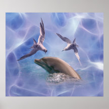 Dolphin and diving birds print