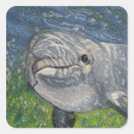 Dolphin Swimming: Ocean: Colour Pencil Art Square Stickers