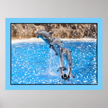 Dolphins jumping, clear blue water print