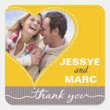 Dotted Heart Photo Thank You yellow grey Square Sticker