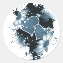 Double Hearts & Flowers - Blue Stickers
