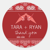 Double Paper Cranes Sakura Thank You Label Sticker