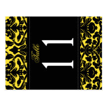 Double-sided Yellow and Black Damask Table Number Postcard