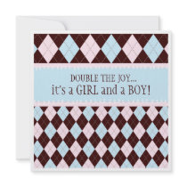 Double the Joy Argyle Boy Girl Twins Baby Shower Custom Announcements