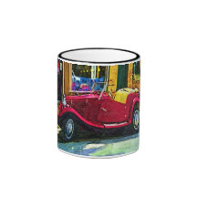 Downtown Oldie! Antique Red Classic Car Mugs