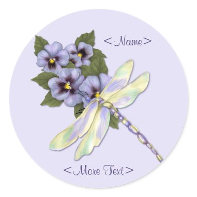 Dragonfly and Pansies Round Sticker by Spice