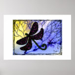 Dragonfly Collage over Watercolor - Blue Yellow Poster