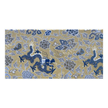 Dragons, Flowers, Butterflies - Blue on Dull Gold Photo Cards