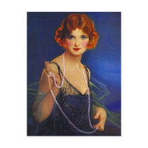 Dress Midnight Blue Flapper Girl & Pearls Postcard