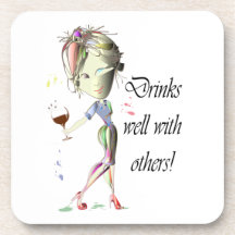 Drinks well with others, funny Wine art Drink Coasters