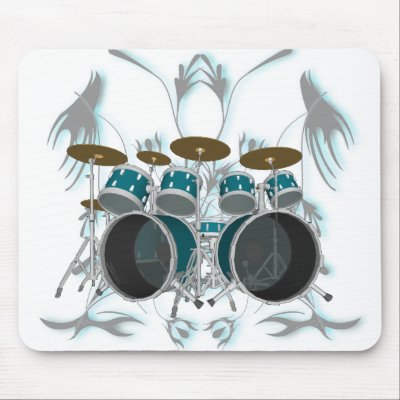 Drum Set & Tribal Artwork (green) - Mousepad by spiritswitchboard