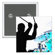 Drummer sticks in air shadow blue invert drums pinback button