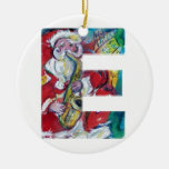 E LETTER /SANTA AND SAX, CHRISTMAS PARTY MONOGRAM ORNAMENT