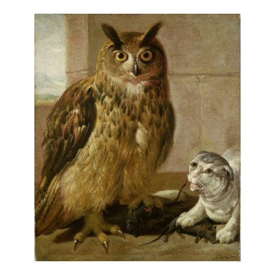 Eagle Owl and Cat with Dead Rats Print by bridgemanart
