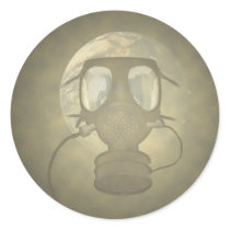 Earth wearing a gas mask round sticker