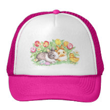Easter Bunnies, Duckling and Tulips Mesh Hats