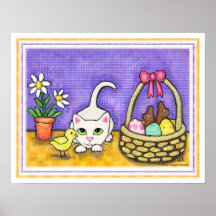 Easter Cat With Chick & Chocolate Poster