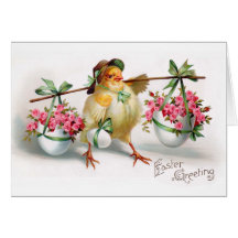 Easter Chick and Flowers Greeting Card