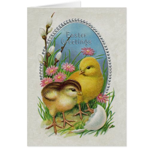 Easter Greetings Yellow Chicks Flowers Greeting Cards
