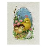 Easter Greetings Yellow Chicks Flowers Postcard