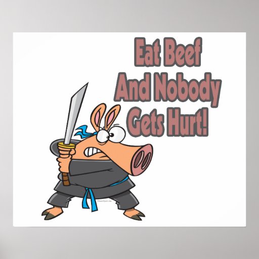 eat beef funny karate ninja pig cartoon posters