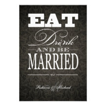 Eat Drink and be Married - Elegant Black Damask Custom Announcements