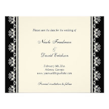 Ecru black filigree border wedding announcement